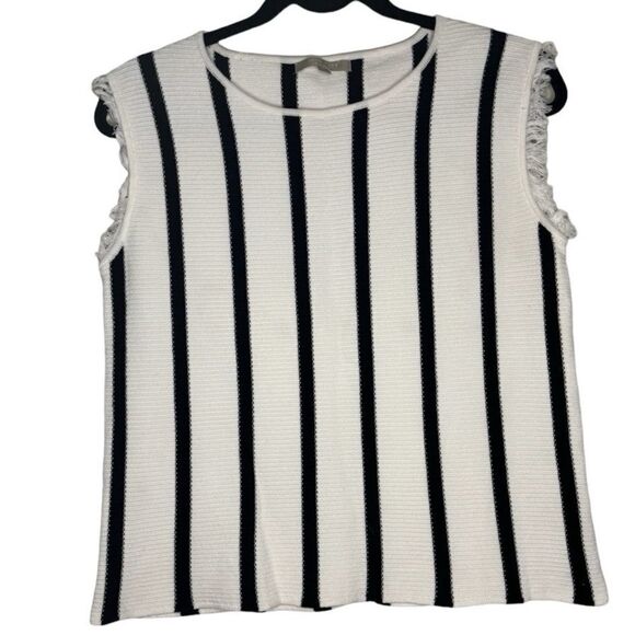 Joan Vass Preppy Striped Sleeveless Top with Fringe SZ Med Black & White Office - Picture 1 of 5